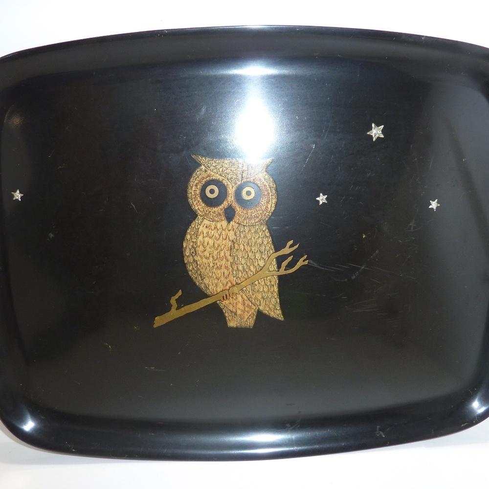 Vintage Couroc of Monterey CA Black Tray With Inlaid Owl & Stars MCM 12.5" x 9.5